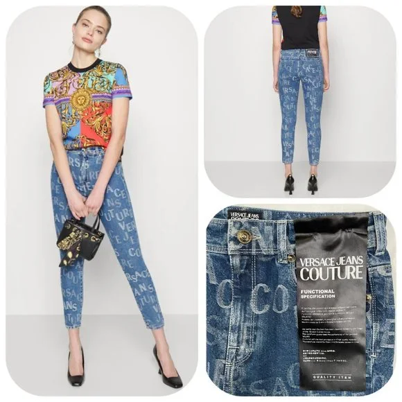 NWT $525 Authentic Versace Couture allover logo stretchy cotton jeans 27 - Picture 17 of 17